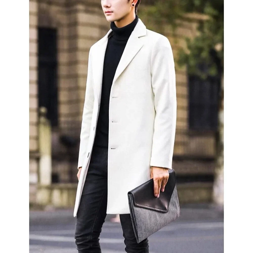 Men's White Wool Blend Pea Coat Notched Collar Single Breasted Overcoat